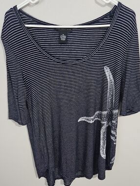 Joan Vass Navy & White Striped Scoop Neck Tee with Starfish